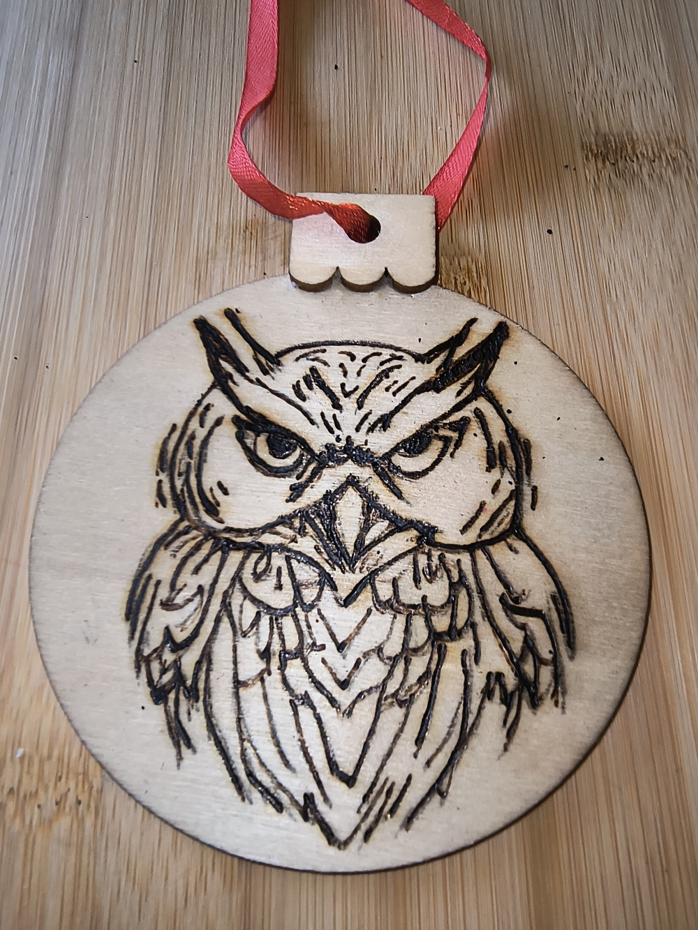 Hand Crafted Owl Ornament in Natural Wood with Red Ribbon
